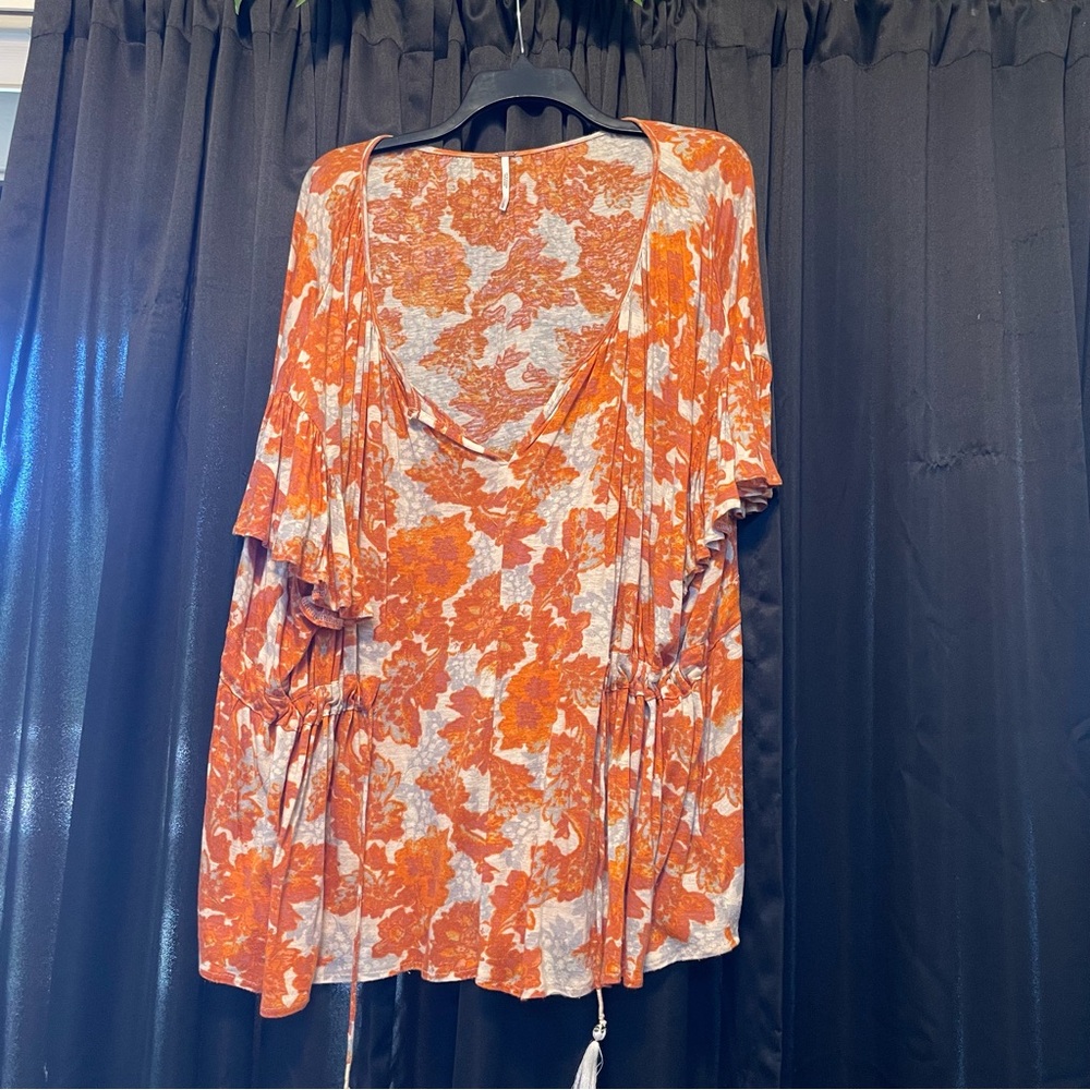 Free People Floral Orange and White Top